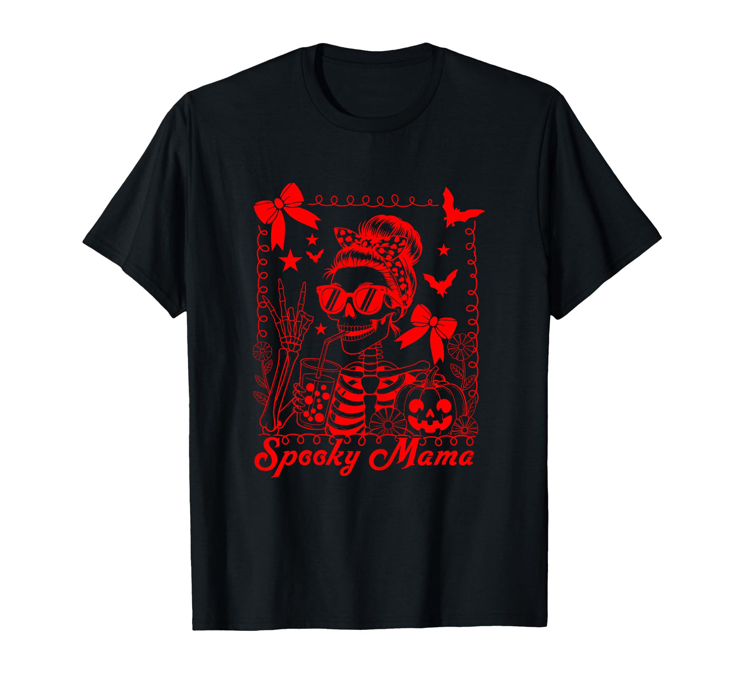 Spooky Mama Skeleton Halloween Pumpkin Bow T-Shirt