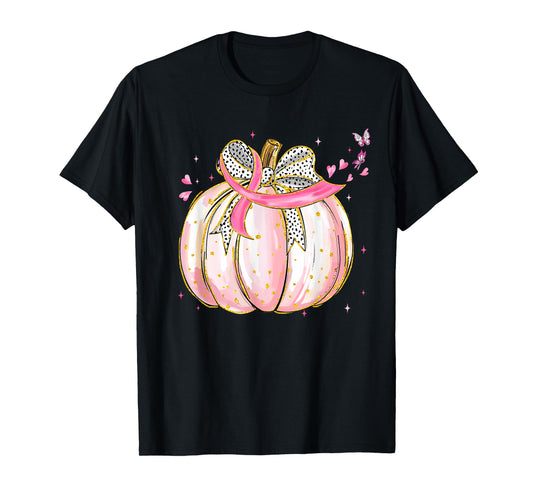 Coquette Bow Pink Ribbon Pumpkin Breast Cancer Awareness T-Shirt