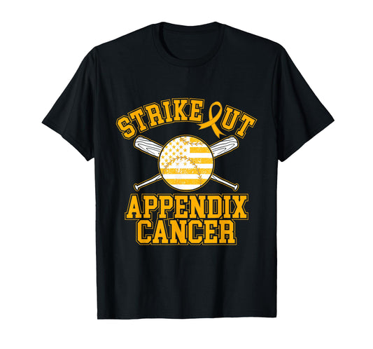 American Flag Strikeout Appendix Cancer Ribbon Baseball T-Shirt