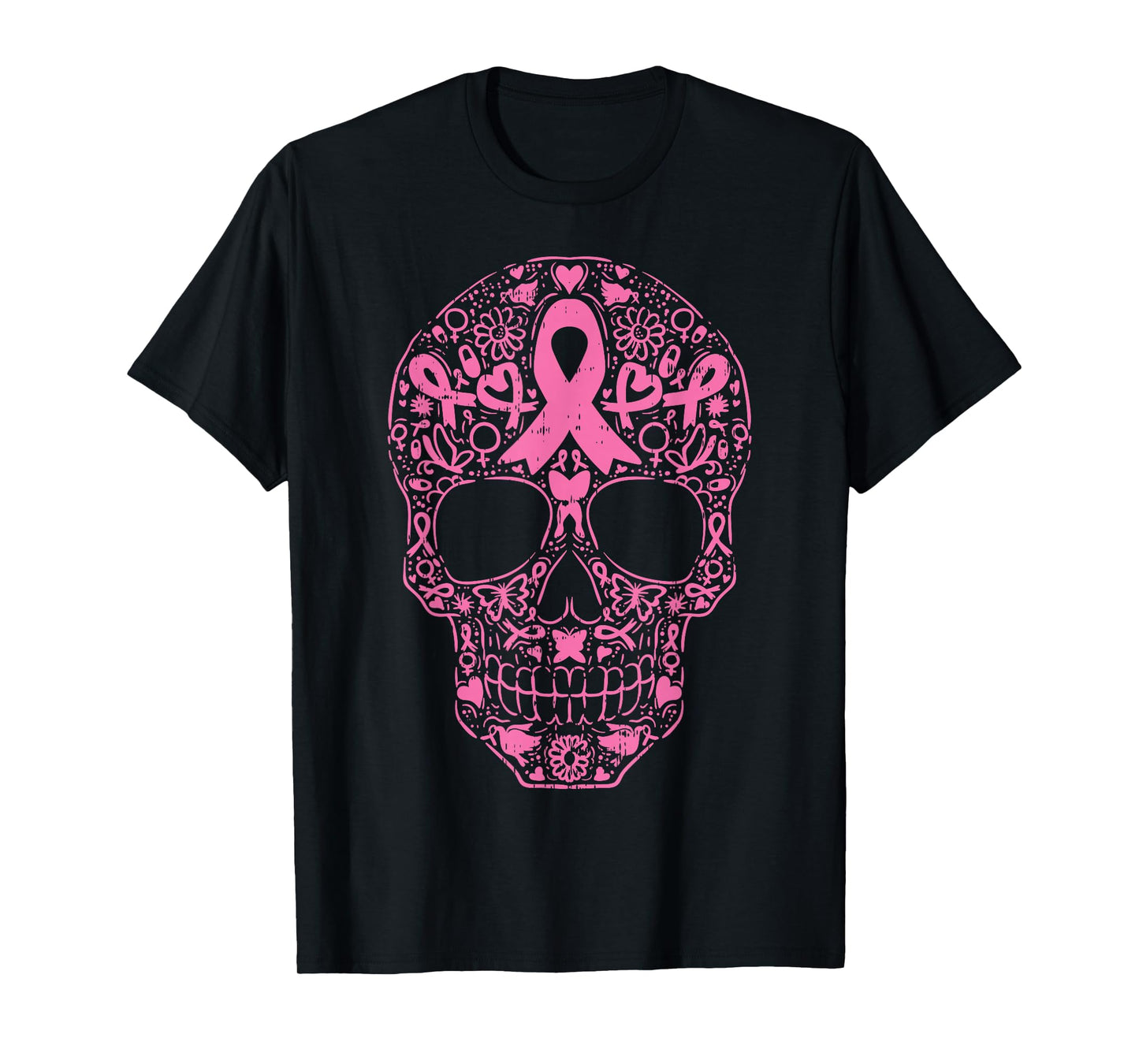 Sugar Skull Pink Ribbon Calavera Breast Cancer Awareness T-Shirt