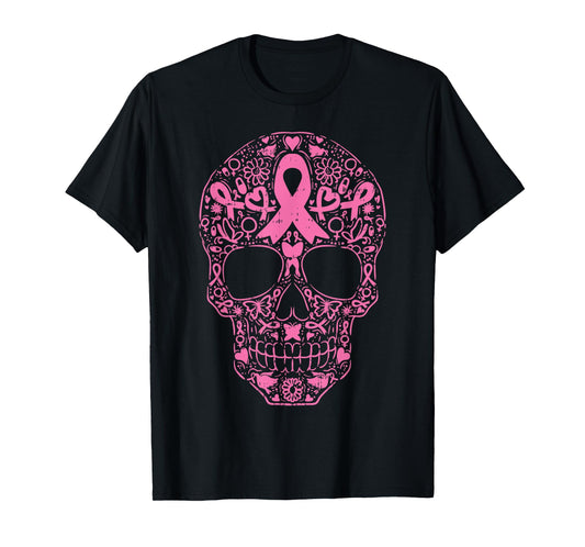 Sugar Skull Pink Ribbon Calavera Breast Cancer Awareness T-Shirt