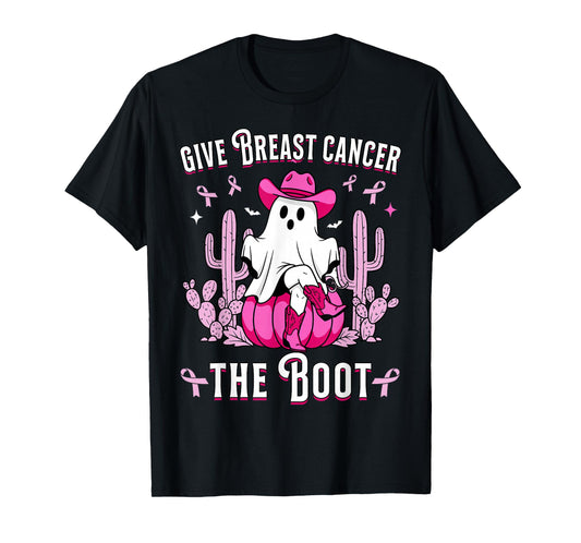 Give Breast Cancer The Boot Ghost Cowgirl Cancer Awareness T-Shirt