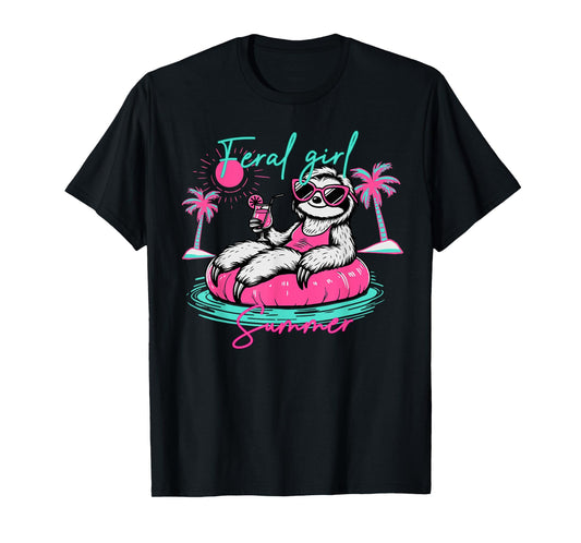 Feral Girl Summer Funny Meme Sloth Hawaii Beach Vacation T-Shirt