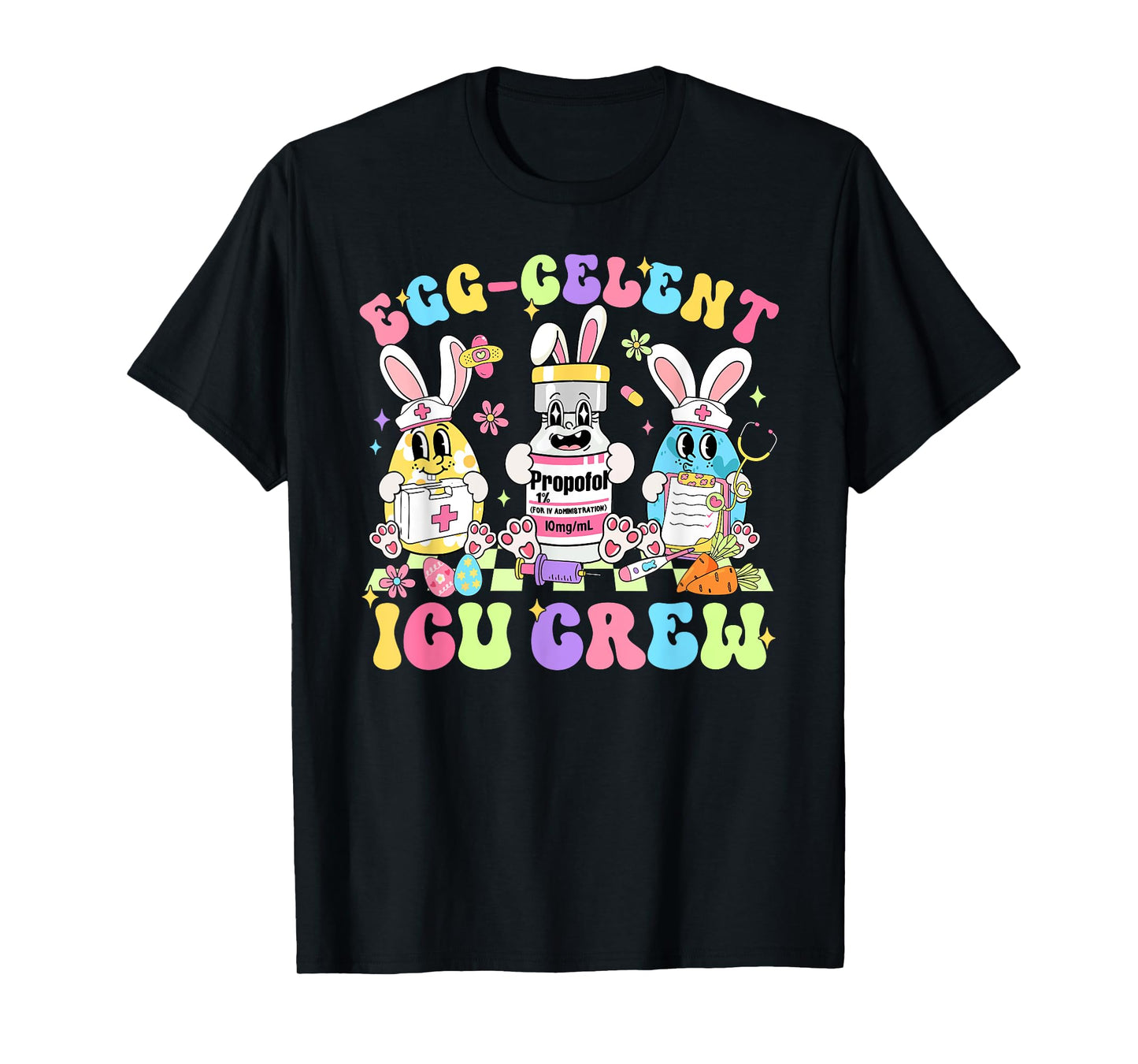 Egg-celent ICU Crew Nurse Retro Groovy Bunny Easter Day T-Shirt
