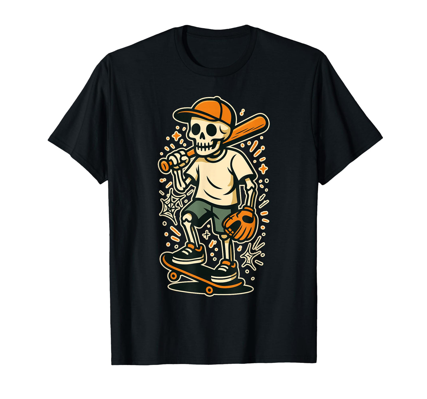 Halloween Skeleton Baseball Skateboard Kids Graphic T-Shirt
