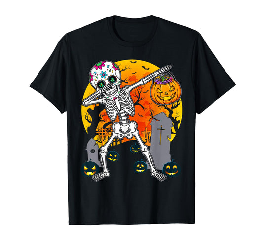 Dabbing Sugar Skull Skeleton with Pumpkin Halloween T-Shirt