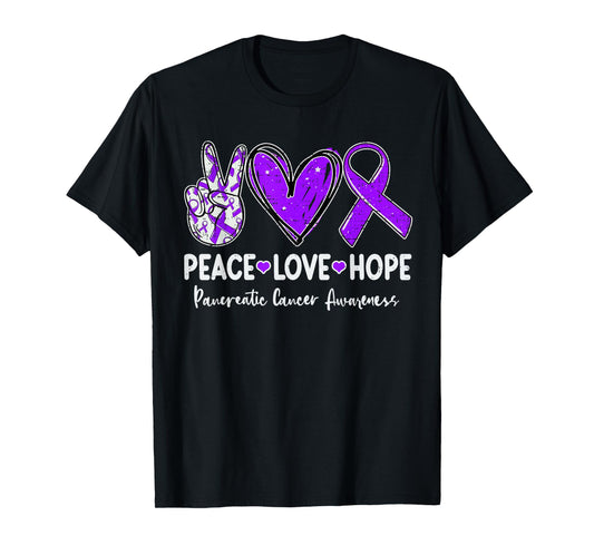 Peace Love Hope Pancreatic Cancer Awareness Ribbon Purple T-Shirt