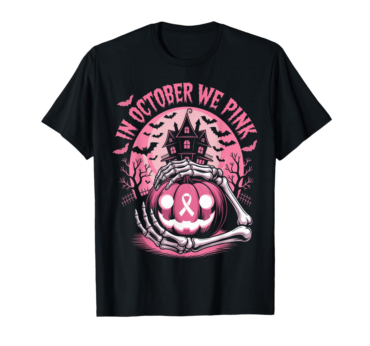 in October We Wear Pink Halloween Pumpkin Skeleton Design T-Shirt