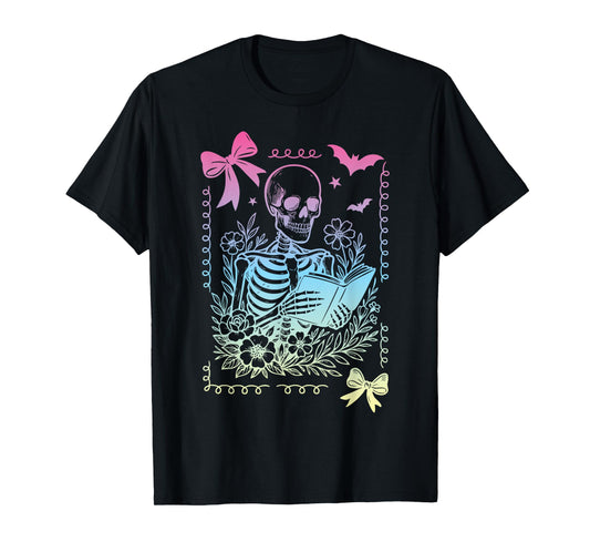 Coquette Bow Skeleton Reading Book Academia Literary Girl T-Shirt