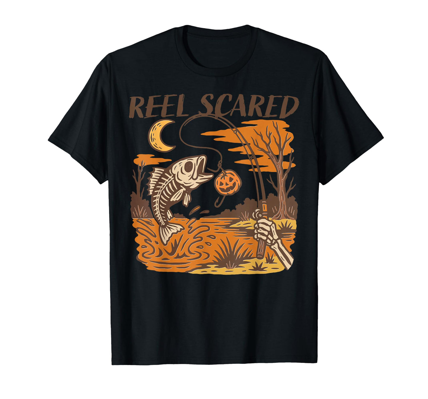 Reel Scared Halloween Fall Fishing Funny Skeleton Fisherman T-Shirt