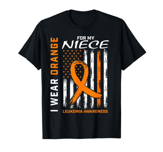 I Wear Orange For My Niece Leukemia Awareness American Flag T-Shirt