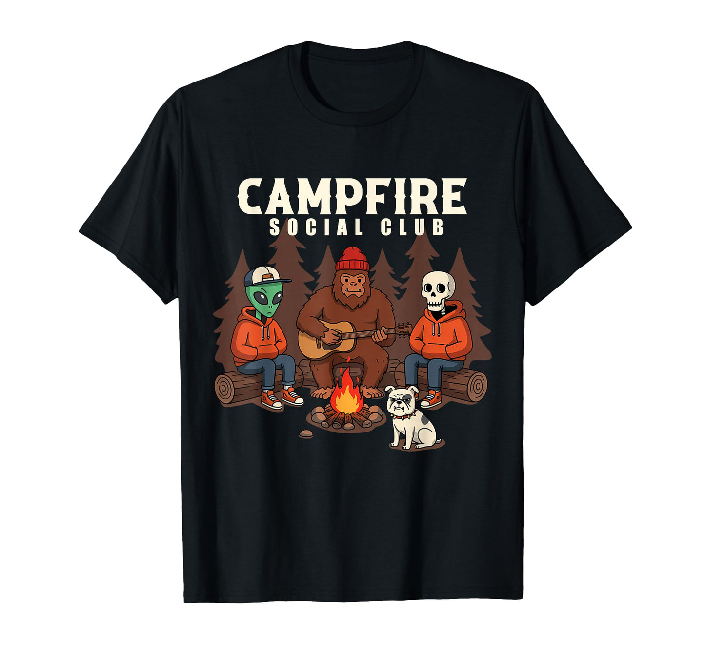 Alien Bigfoot Skeleton Funny Campfire Social Club Mens Boys T-Shirt