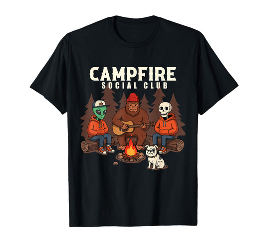 Alien Bigfoot Skeleton Funny Campfire Social Club Mens Boys T-Shirt