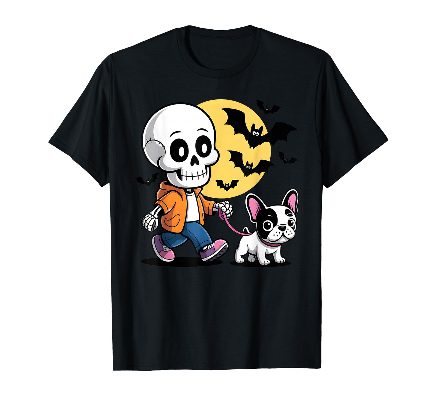 Funny Skeleton Walking Cute French Bulldog Halloween Night T-Shirt