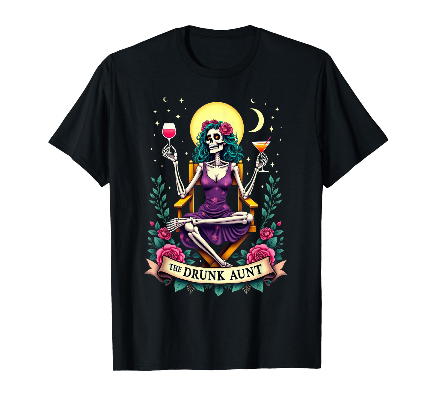Gothic Tarot Card The Drunk Aunt Skeleton Halloween T-Shirt