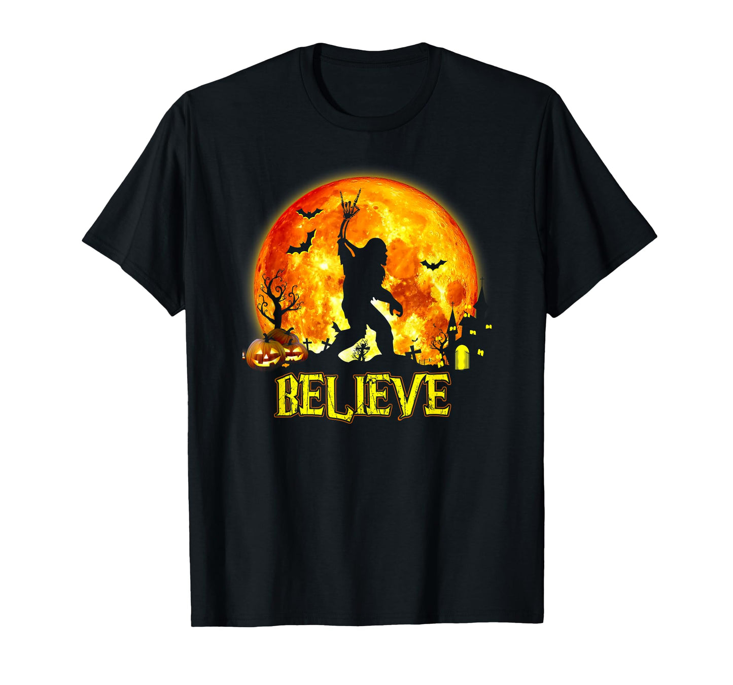 Believe Bigfoot Rock On Halloween Skeleton Hand Sasquatch T-Shirt