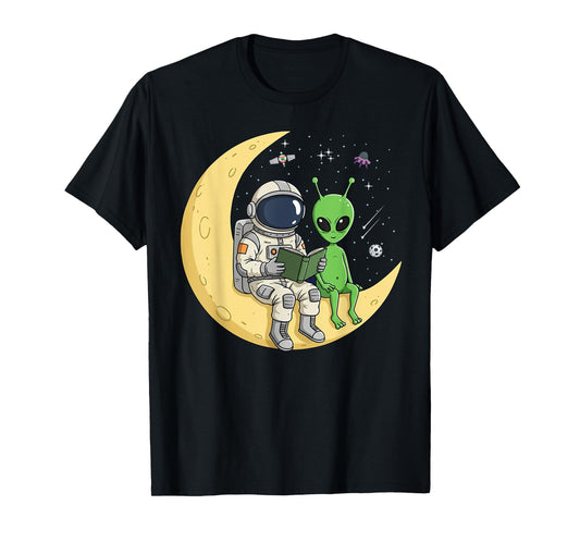 Astronaut Reading Book To Alien Moon Space Women Kids Men T-Shirt