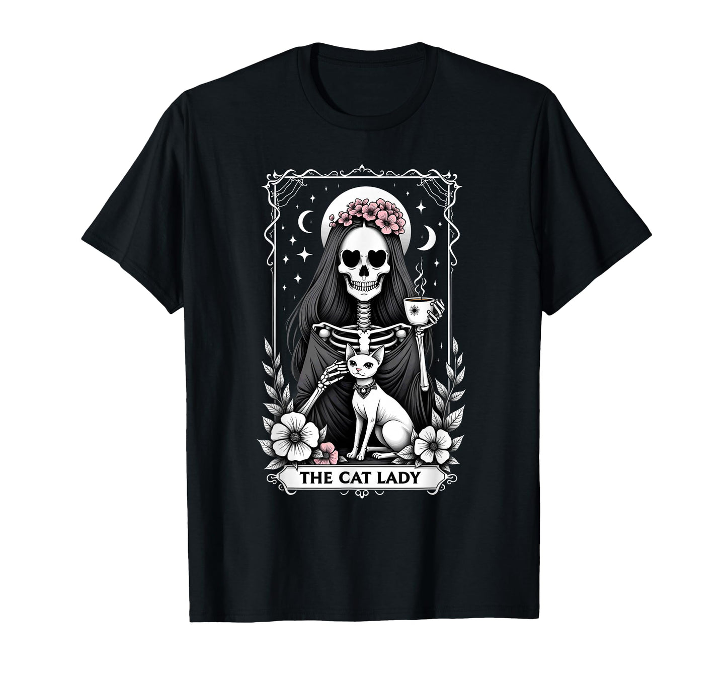 Gothic Tarot Card Cat Lady Skeleton Coffee T-Shirt
