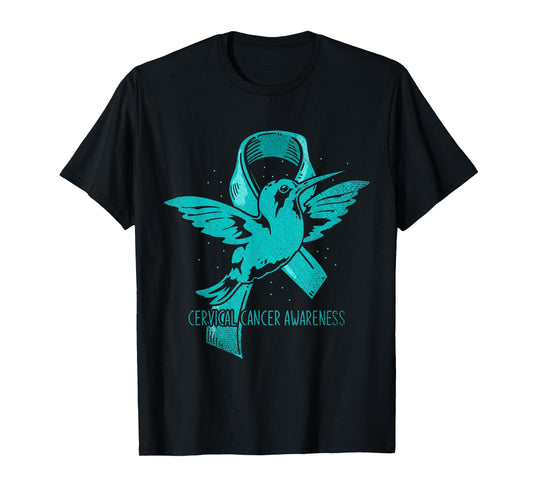 Hummingbird Teal Ribbon Warrior Cervical Cancer Awareness T-Shirt