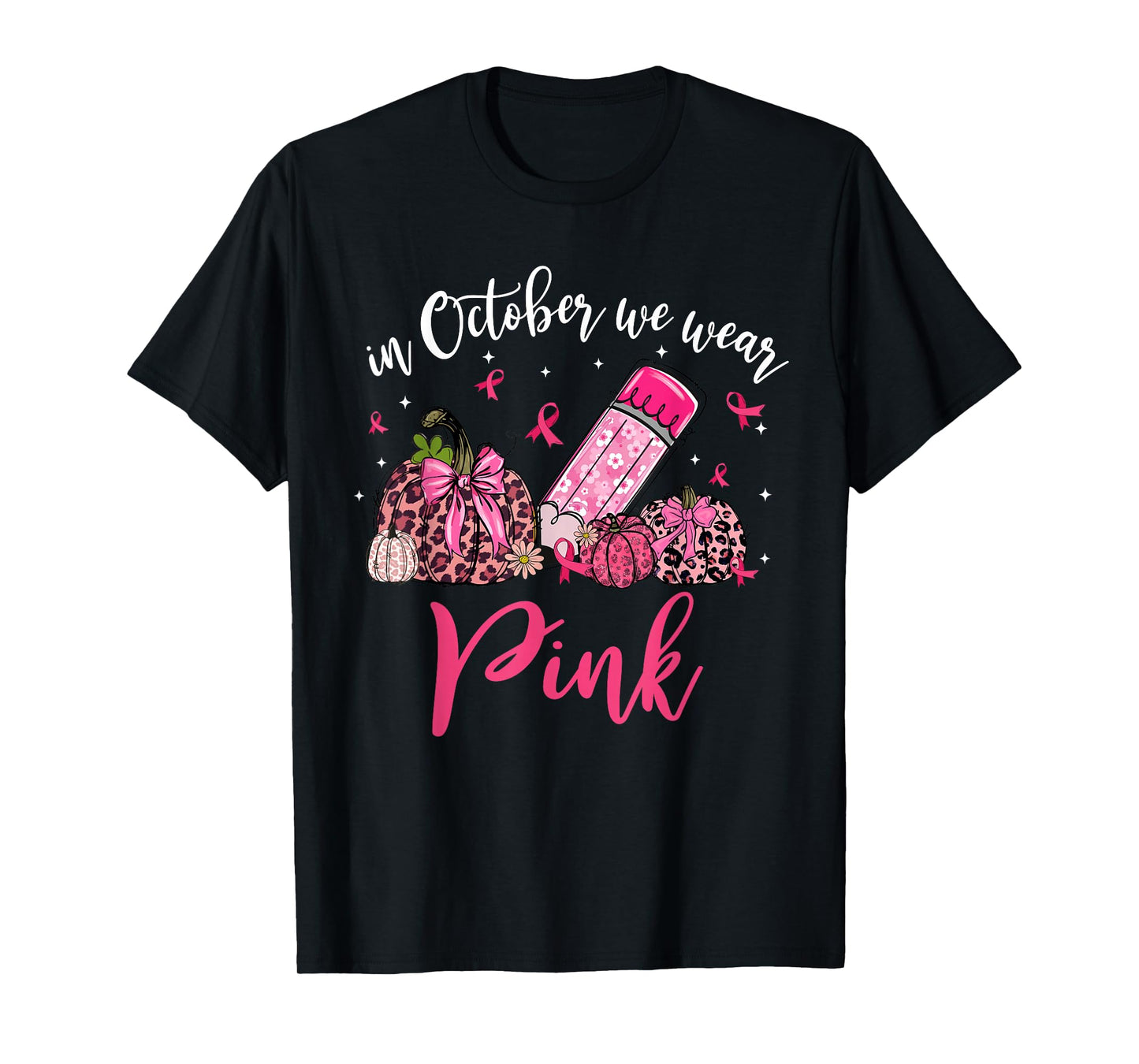 In October We Wear Pink Apple Teacher Daisy Breast Cancer T-Shirt