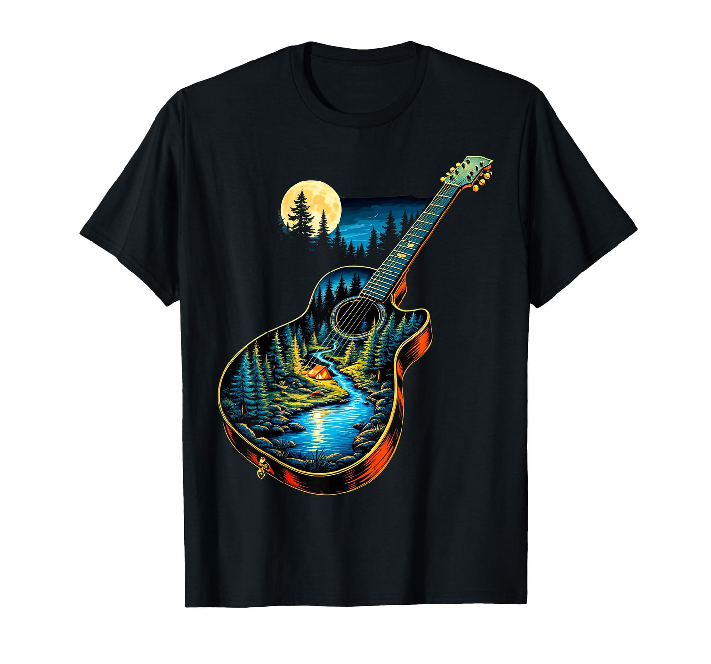 Guitar Lake Reflections Forest Pine Tree Moon Camp Guitarist T-Shirt