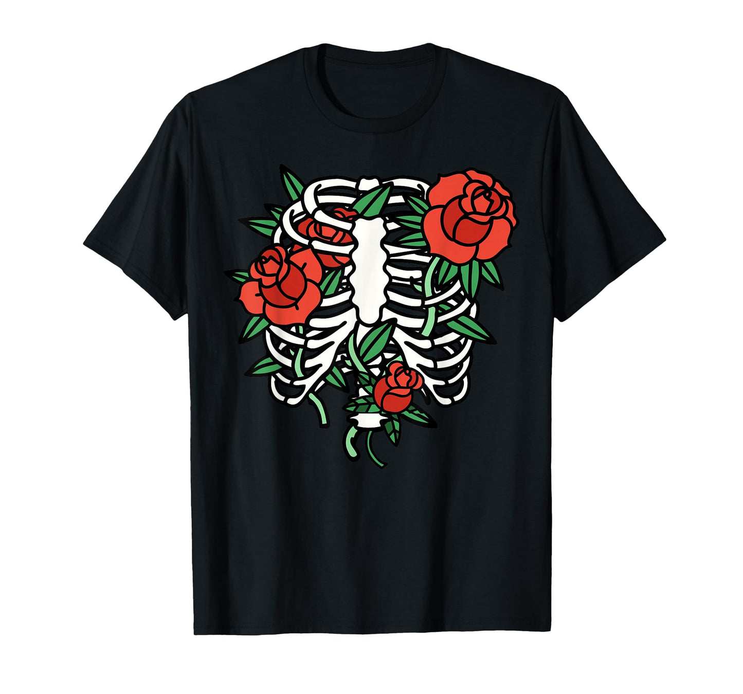 Goth Skeleton Ribcage Red Roses T-Shirt