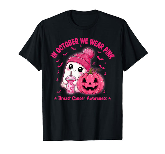in October We Wear Pink Cute Ghost Breast Cancer Awareness T-Shirt