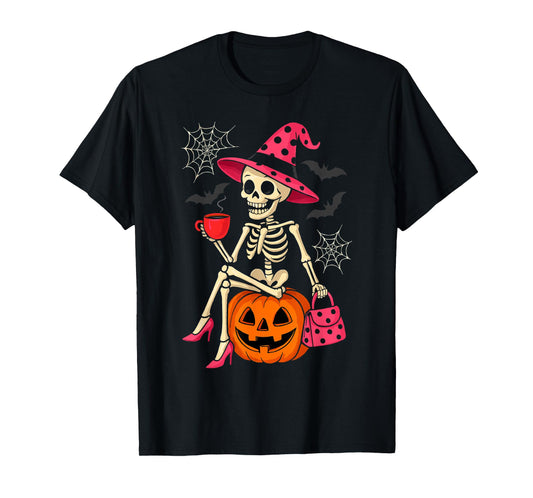 Cute Skeleton Drinking Coffee Halloween Costume Women Girls T-Shirt