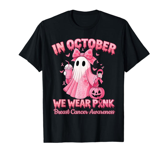 in October We Wear Pink Ghost Witch Breast Cancer Awareness T-Shirt