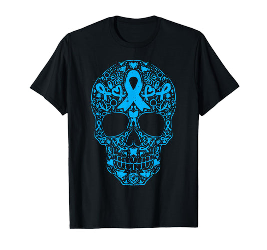 Sugar Skull Light Blue Ribbon Prostate Cancer Awareness T-Shirt