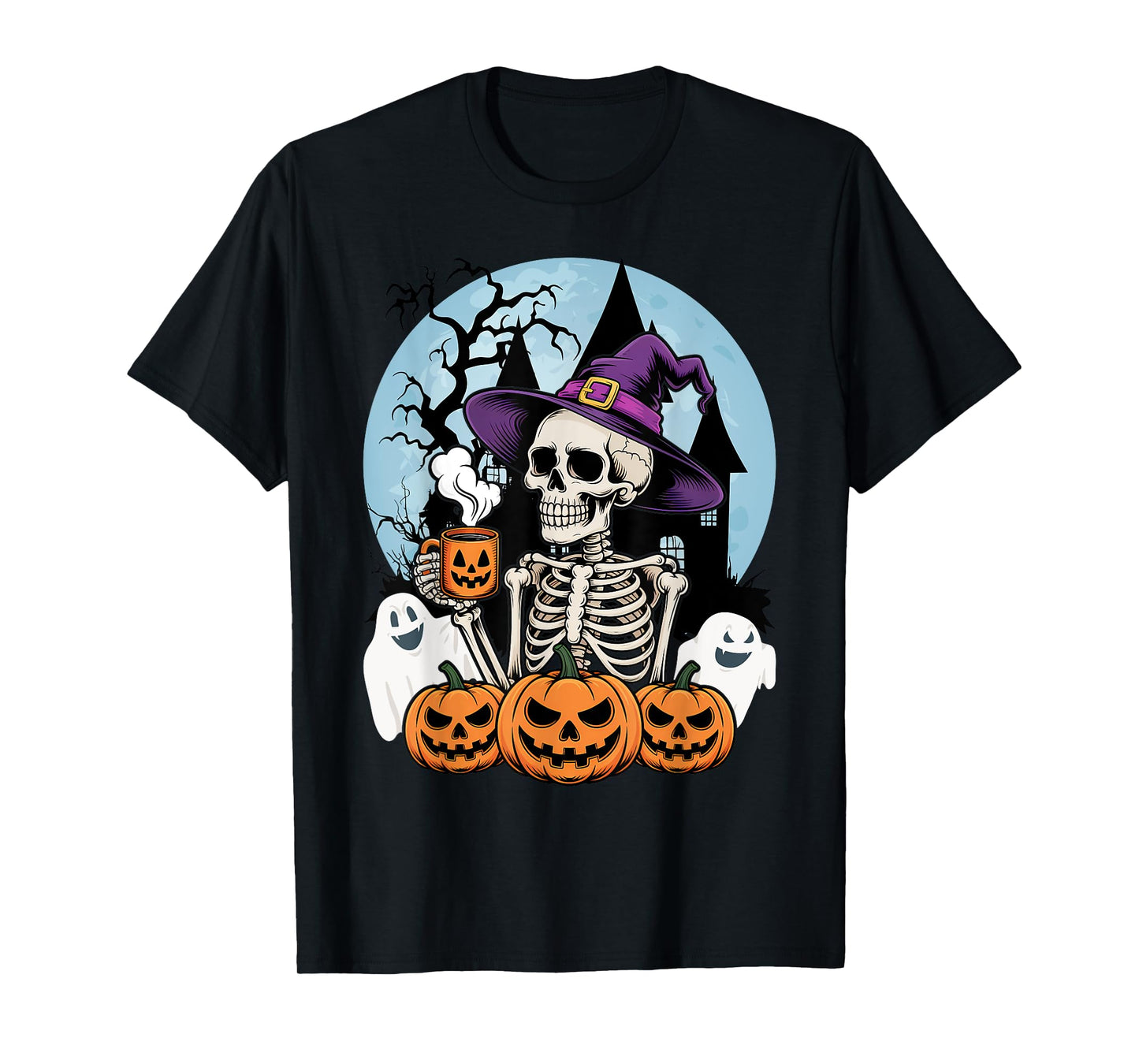 Skeleton Drinking Coffee Halloween Costume Pumpkin Ghost T-Shirt
