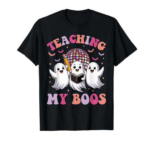 Groovy Teaching My Boos Crew Funny Ghost Halloween Teacher T-Shirt