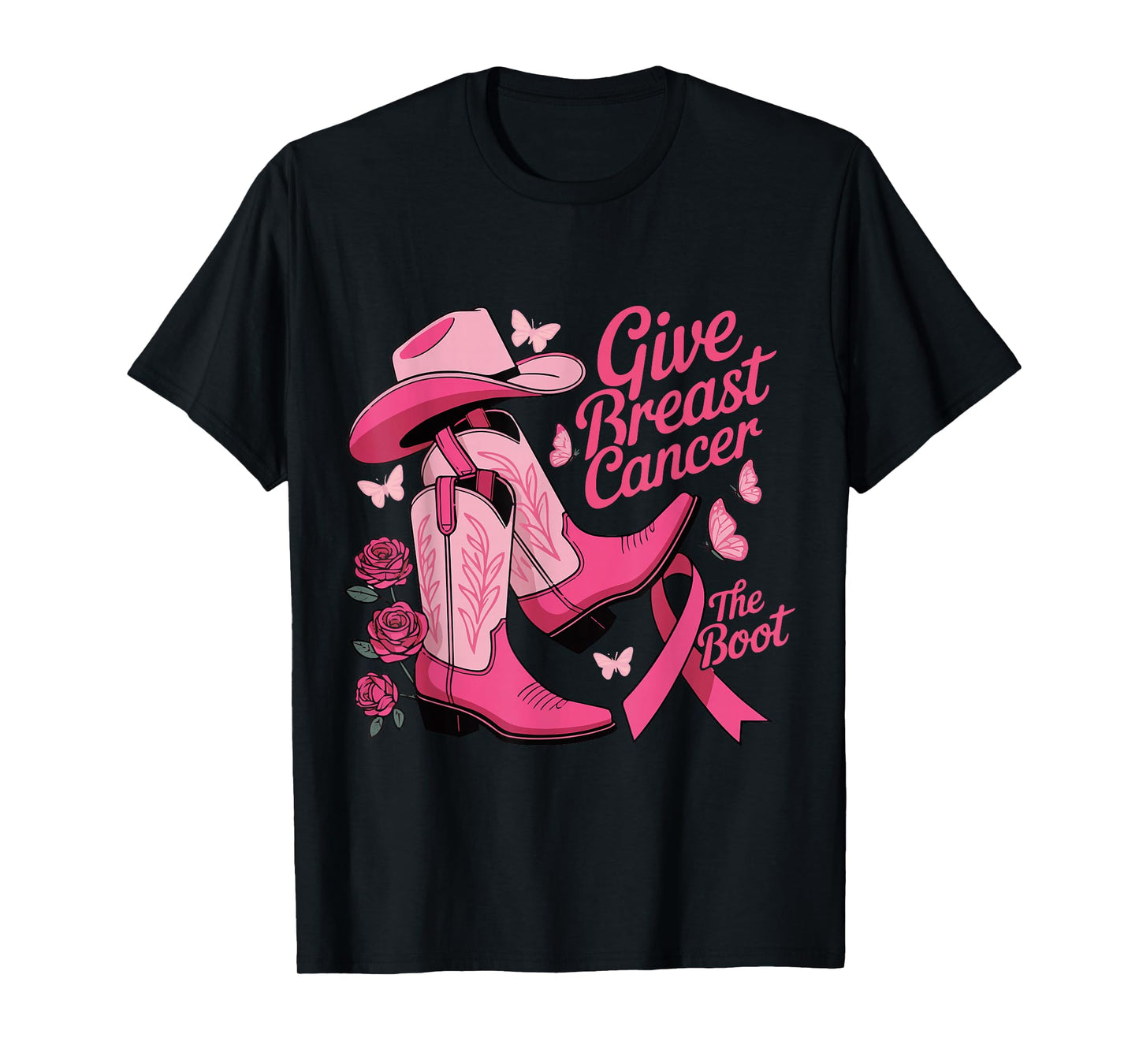 Give Breast Cancer The Boot Cowgirl Cancer Awareness Ribbon T-Shirt