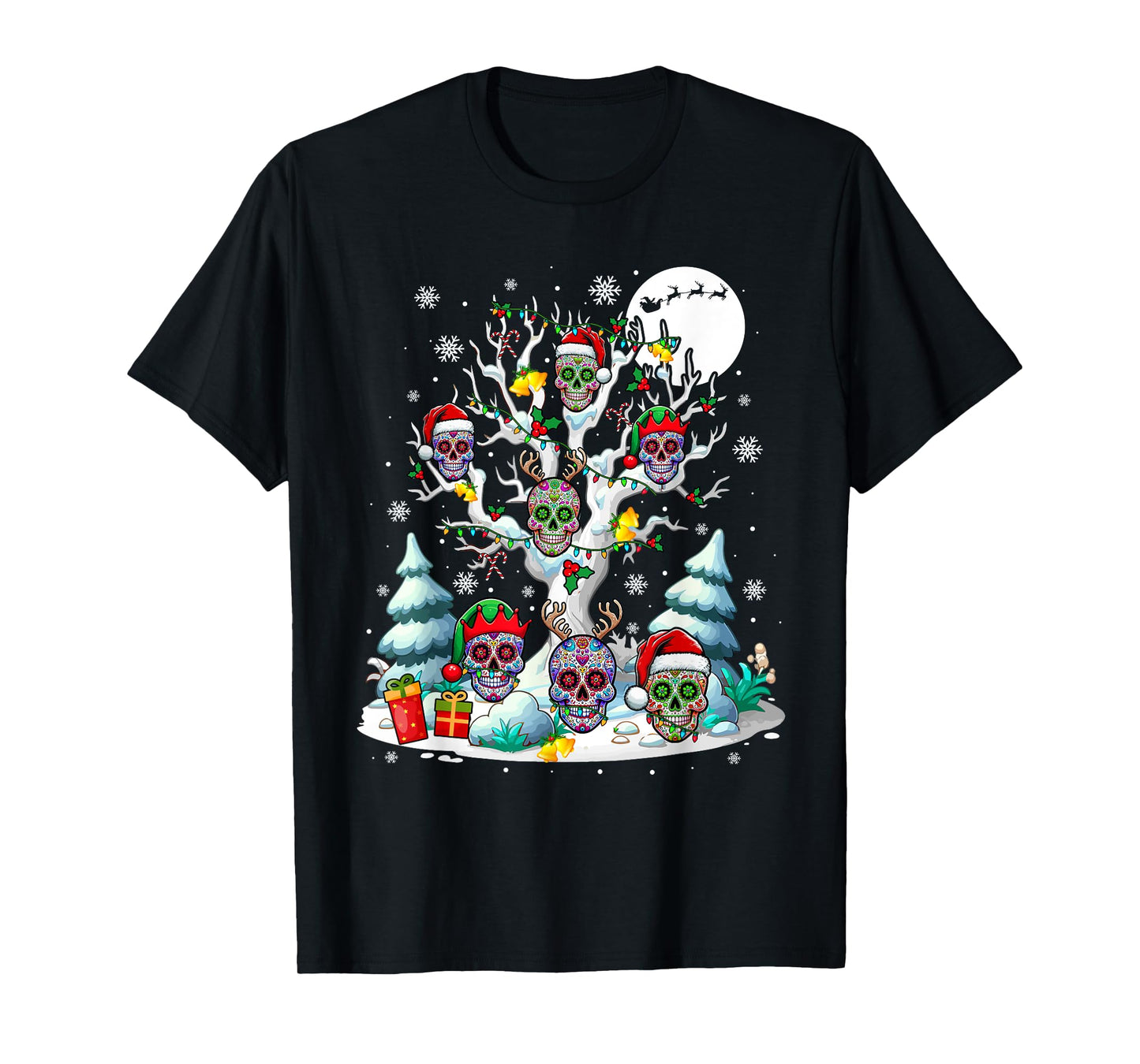 Group Santa Floral Skulls On Xmas Tree Snow Colorful Lights T-Shirt
