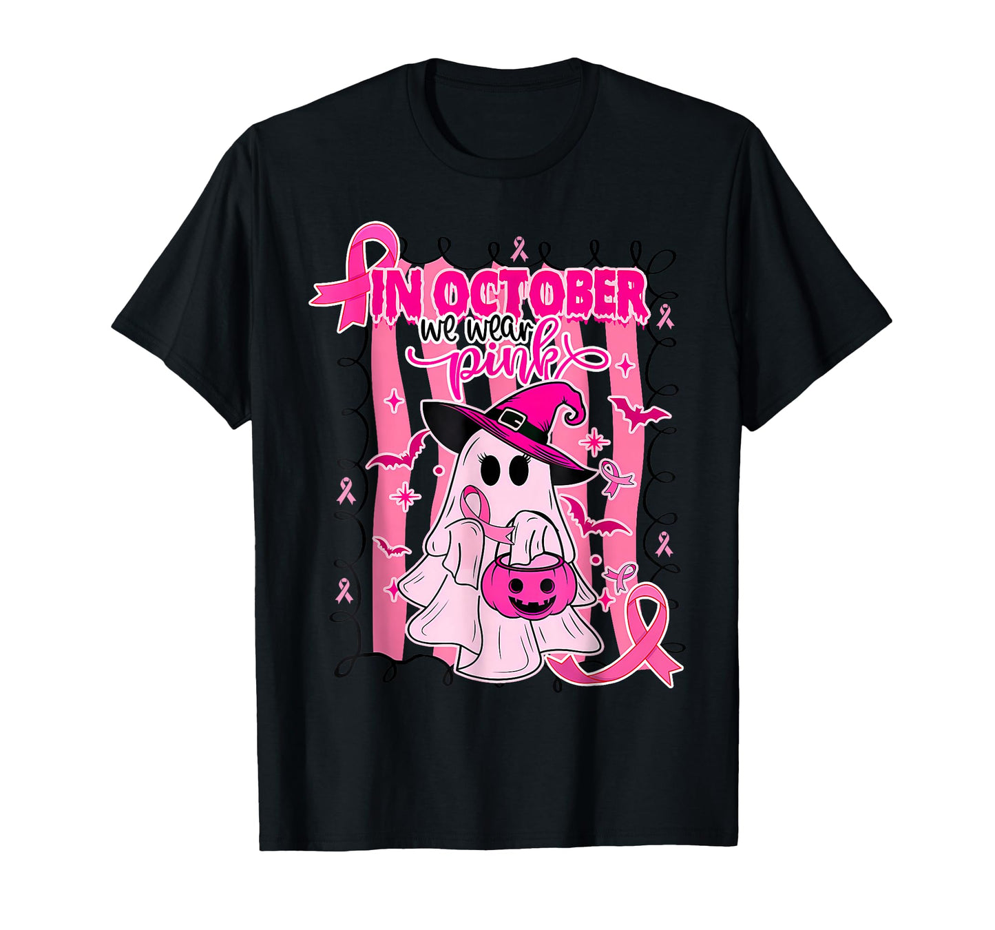 In October We Wear Pink Ghost Witch Breast Cancer Awareness T-Shirt