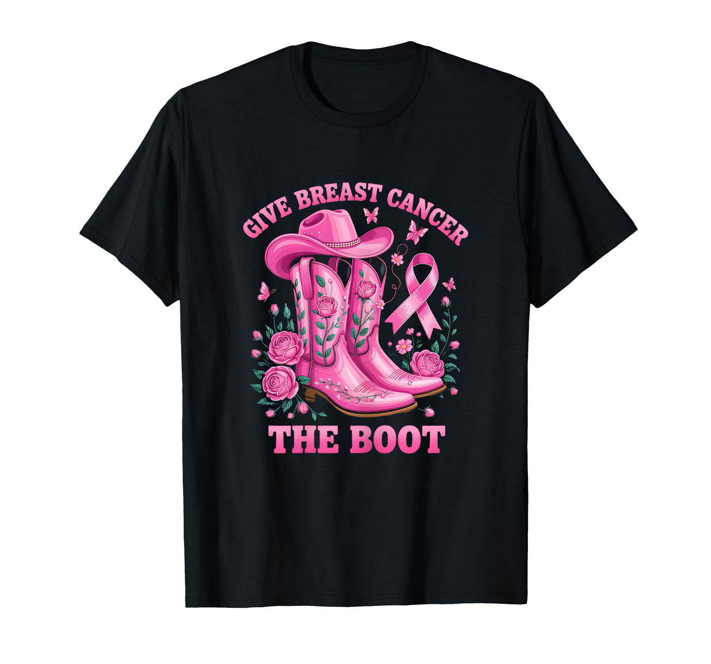 Give Breast Cancer The Boot Cowgirl Cancer Awareness Ribbon T-Shirt