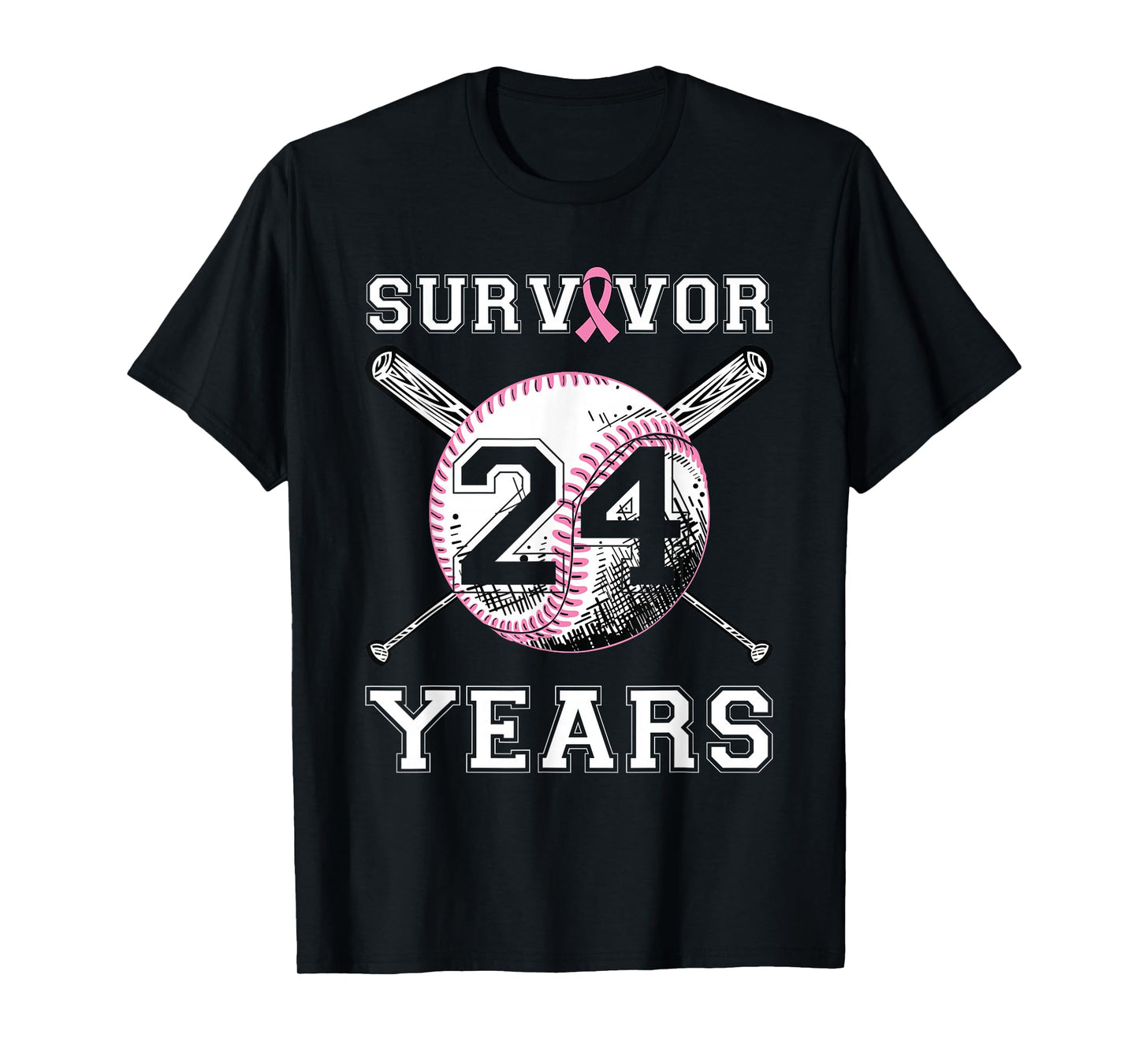 24 Year Survivor Breast Cancer Baseball Pink Ribbon T-Shirt