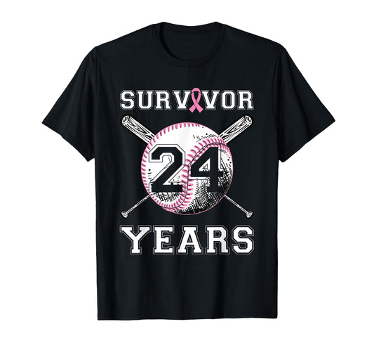 24 Year Survivor Breast Cancer Baseball Pink Ribbon T-Shirt