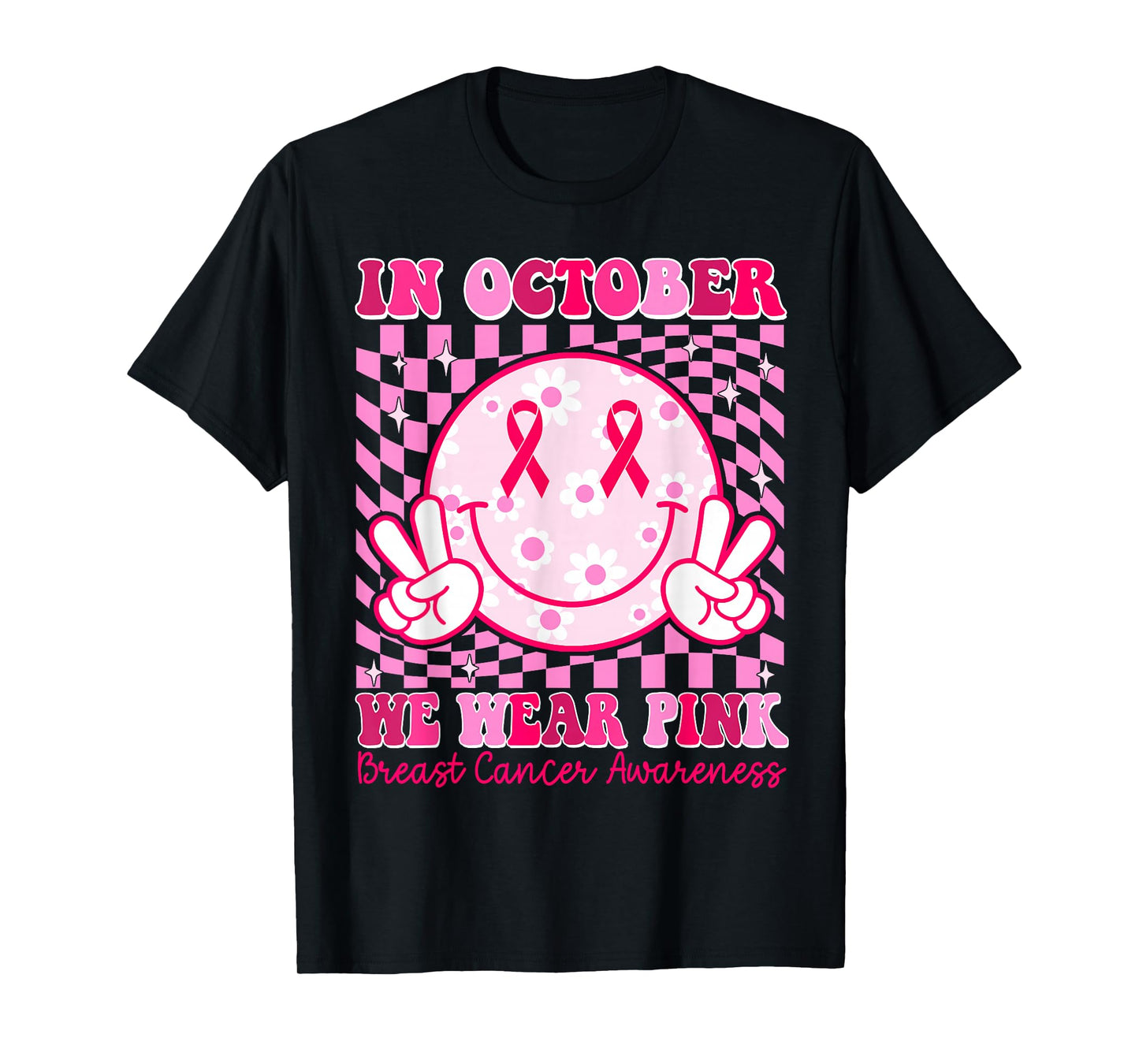 Groovy In October We Wear Pink Breast Cancer Awareness T-Shirt
