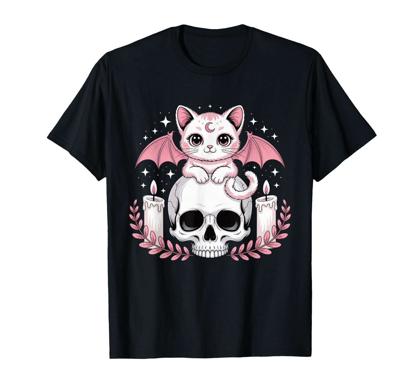 Cute Pink Bat Cat Sitting On Skull Skeleton Candles Design T-Shirt