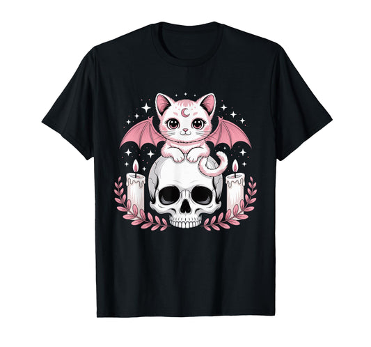Cute Pink Bat Cat Sitting On Skull Skeleton Candles Design T-Shirt