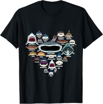 Types Of Shark Identification - Shark Faces - Shark Heart T-Shirt