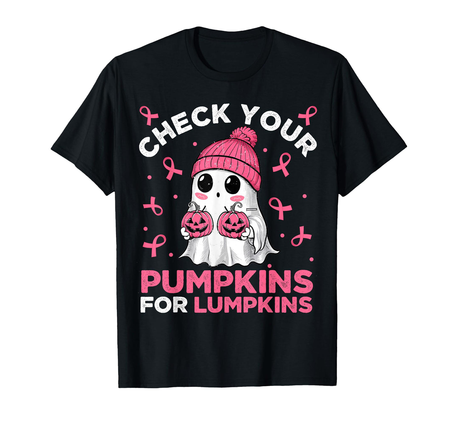 Breast Cancer Halloween Boo Ghost Check Your Pumpkins Womens T-Shirt