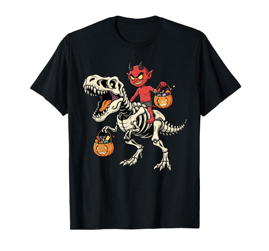 Demon Riding Skeleton T-Rex Funny Halloween Dinosaur T-Shirt