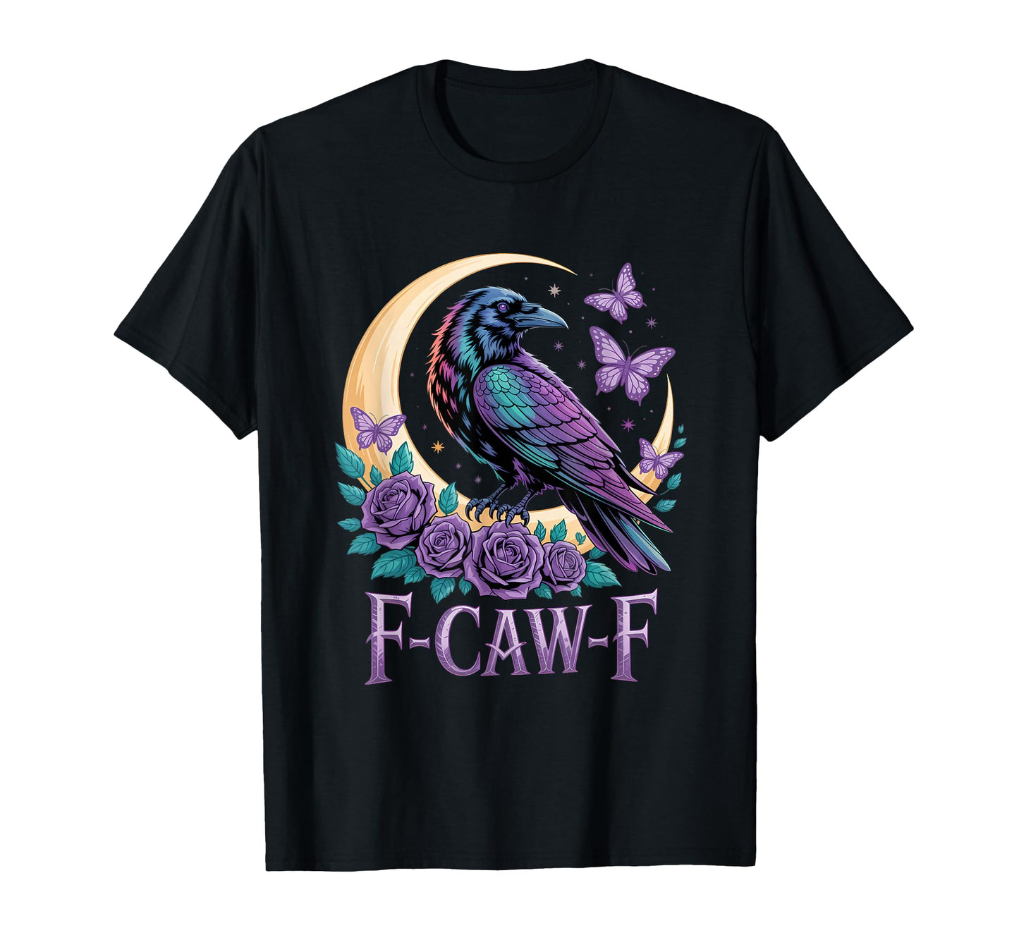 F CAW F Gothic Raven Bird Moon Mystical Fantasy Butterfly T-Shirt