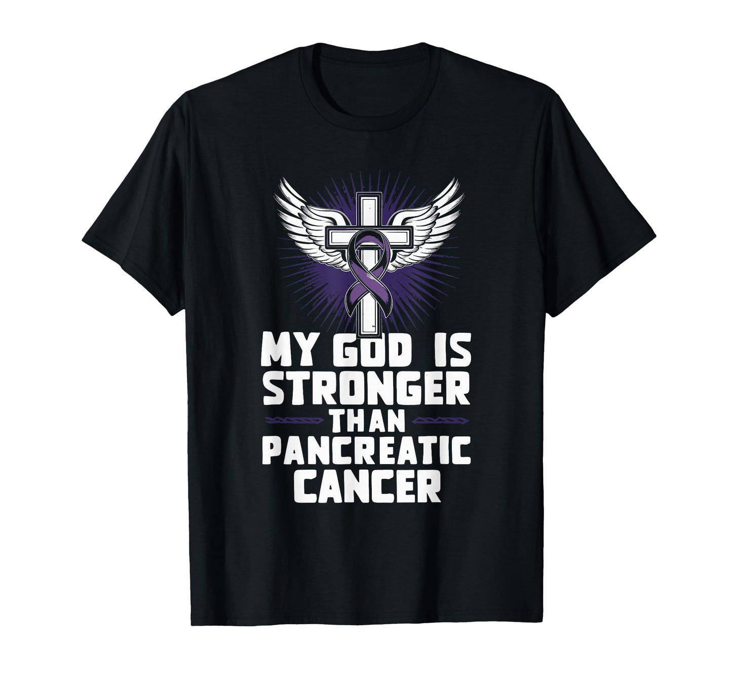 My God Is Stronger Than Pancreatic Cancer Purple Ribbon T-Shirt