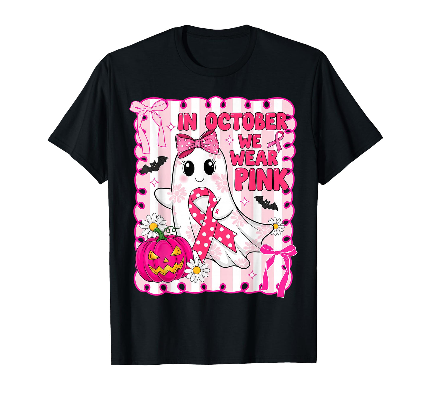 in October We Wear Pink Ribbon Breast Cancer Ghost Halloween T-Shirt