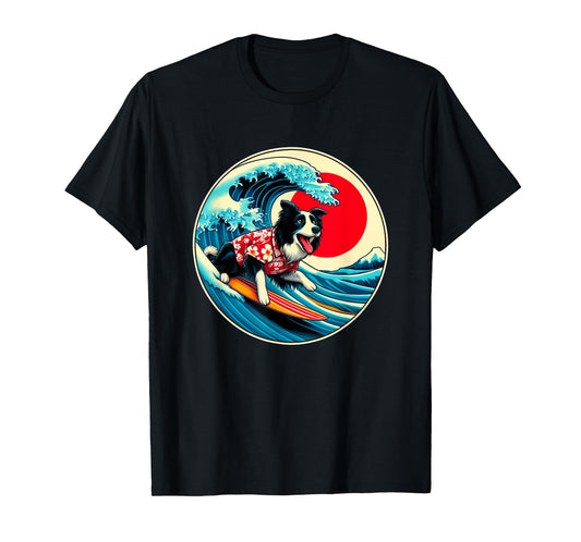 Great Wave Kanagawa Border Collie dog Surfing T-Shirt for Men Women Kids