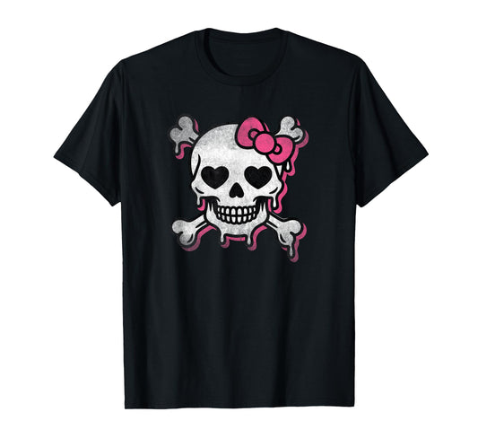 Cute Skull Pink Bow Dripping Crossbone Halloween Women Girls T-Shirt