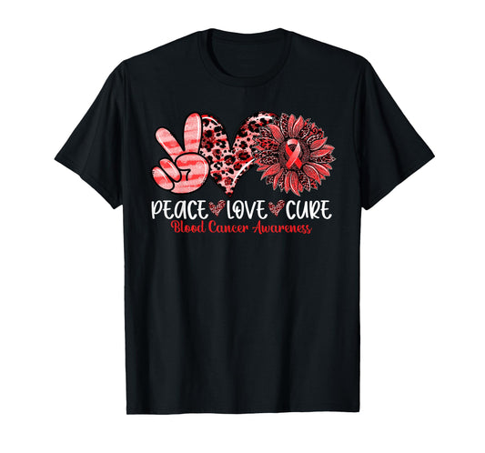 Peace Love Cure Sunflower Leopard Blood Cancer Awareness T-Shirt